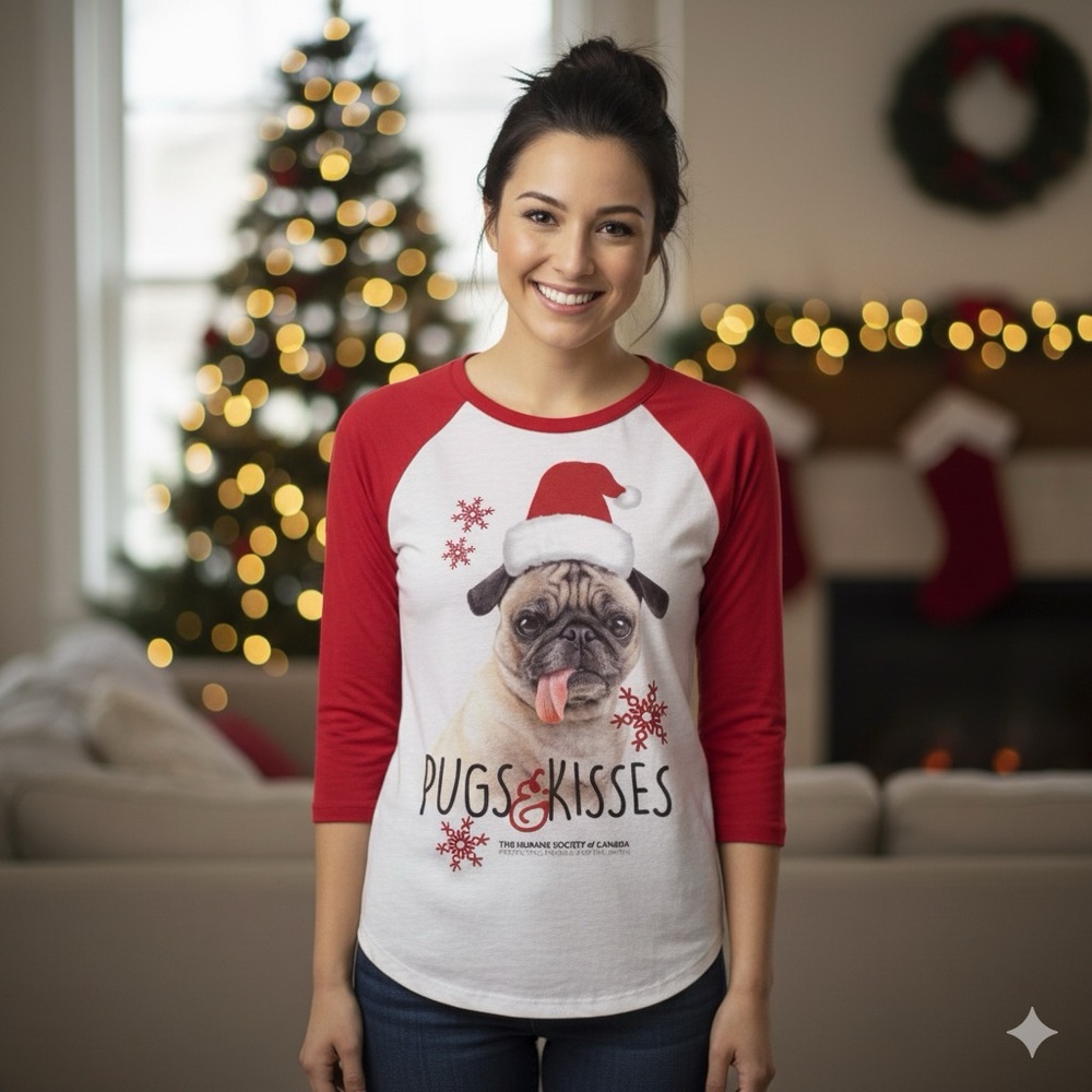 Humane Society of Canada Pugs and Kisses Christmas Raglan Sleeve T Shirt Size 1X